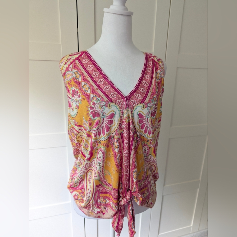 Hale Bob Floral Paisley Sleeveless Jersey V-neck Tie Top-L- - Picture 6 of 10
